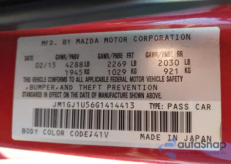 2016 Mazda Mazda6 I Sport z USA, uszkodzony, nr VIN JM1GJ1U56G1414413